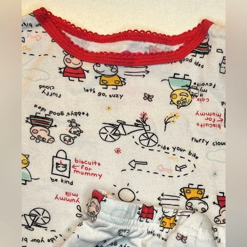 Peppa Pig Girls Snug Fitting Pajama Top and Bottom White w/Red Trim - Size 3T